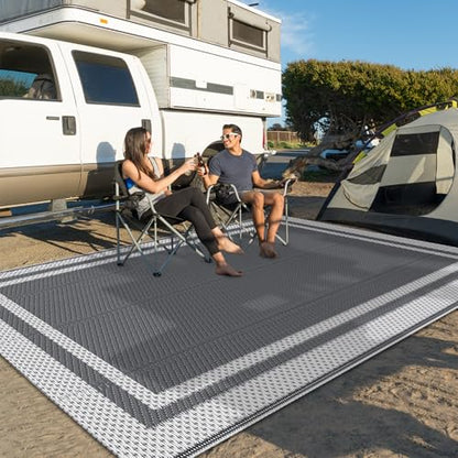 HappyTrends Outdoor Rug Reversible Portable Plastic Straw Camping Rugs for Outside RV,Large Waterproof Outdoor Area Rugs for Patio,Deck,Porch,Balcony(5'x 8',White&Gray)