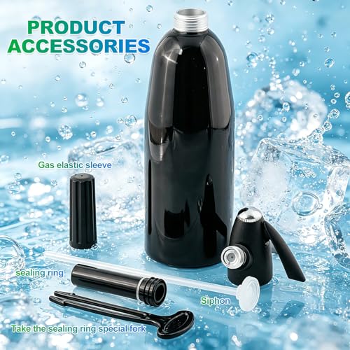 Soda Siphon, 1L Portable Seltzer Maker - Retro-Style Sparkling Water Machine for Homemade Carbonated Drinks, Juices & Cocktails, Uses 8g CO2 Cartridges (Cartridges Not Included) - Black