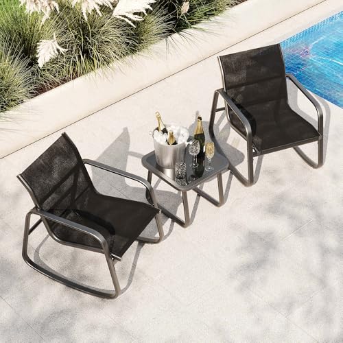 Garvee 3 Piece Outdoor Rocking Bistro Set, Textilene Fabric Small Patio Furniture Set with Iron Armrests and Coffee Table for Lawn, Porch, Balcony, Poolside