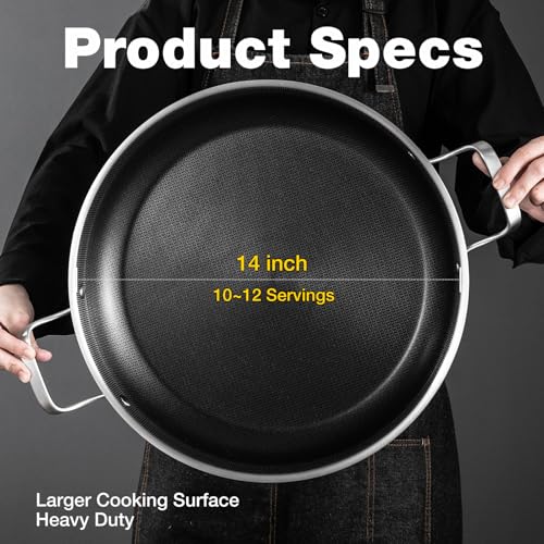 Yeksum Tri-Ply 14.5 Inch Stainless Steel Paella Pan,12 Servings Paella Pan with Lid,18/10 Nonstick Large Skillet,Jumbo Cooker,Induction Pan,Skillets,for Outdoors,Camping,Parties