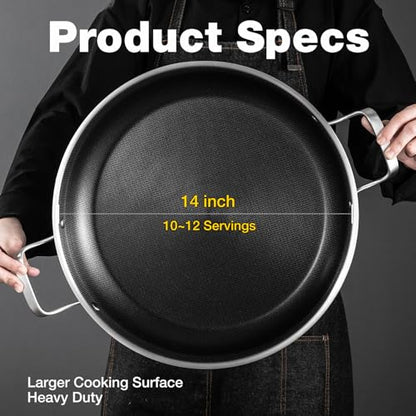 Yeksum Tri-Ply 14.5 Inch Stainless Steel Paella Pan,12 Servings Paella Pan with Lid,18/10 Nonstick Large Skillet,Jumbo Cooker,Induction Pan,Skillets,for Outdoors,Camping,Parties