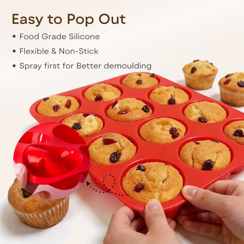 Ruinovate Silicone Muffin Pans for Baking Nonstick 2 Pcs, 12 Cup Regular Cupcake Pan, Food-Grade Silicone Baking Molds for Cupcakes, Egg Bites, Freezer, Red