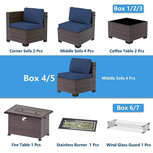 ASJMR Outdoor Patio Furniture Set with Gas Fire Pit Table, 13 Pieces Outdoor Furniture Set Patio Sectional Sofa w/43in 55000 BTU Propane Fire Pit, PE Wicker Rattan Patio Conversation Sets - Dark Blue