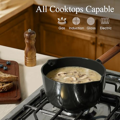 CAROTE 2QT & 3QT Sauce Pan Sets with Lid & Ladle Ceramic Nonstick Pot Set Non Toxic Saucepan Small Kitchen Cooking Pots, Easy to Clean, Induction Comptable, PFAS PTFE Free, Black