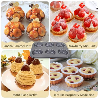 Sinsanye 2 Pack Mini Tart Pan, 2.75" Egg Tart Molds 6-Cavity Non Stick Fluted Mini Tart Mould, Reusable Quiche Bakeware Carbon Steel for Pies, Quiche, Cheese Cakes, Desserts(Not Included Cutting Mold)
