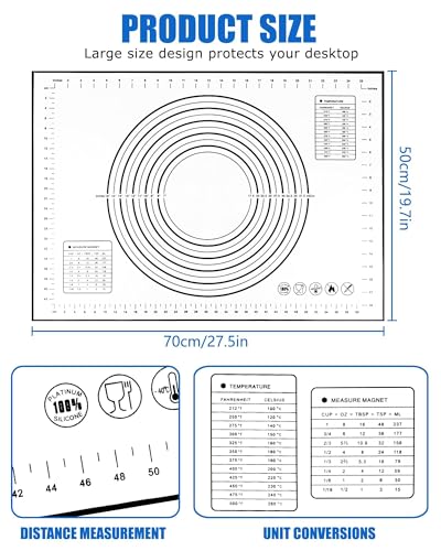 Huglux Silicone Pastry Mat with Measurements, 28" x 20" Extra Large Silicone Baking Mat, Non-slip Pastry Rolling Sourdough Baking Mat, Bread Rolling Dough Mats Sheet for Fondant,Pizza,Pie,Cookies