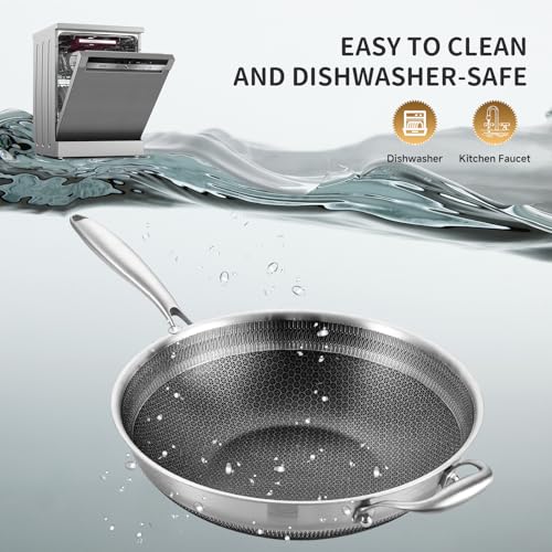 LOLYKITCH 13-inch Nonstick Wok & Stir-fry Pan with Lid, Induction Compatible, Tri-ply Stainless Steel Ceramic Coating Cookware, Perfect for Stir-frying, Sauté, and Simmering, Dishwasher and Oven Safe