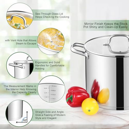 TeamFar 10QT Stock Pot, Stainless Steel Large Soup Cooking Pot & Lid with Tri-ply Bottom for Cooking/Boiling/Stewing, for Induction/Gas/Ceramic, Healthy & Heavy-Duty, Riveted Handles & Dishwasher Safe