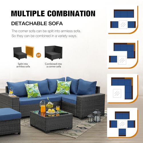 JOYURE 6 Pieces Patio Furniture Set All-Weather Outdoor Wicker Sectional Conversation Sofa Rattan Patio Seating Sofa with Cushion and Glass Table for Porch Poolside,Navy
