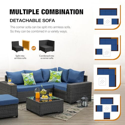 JOYURE 6 Pieces Patio Furniture Set All-Weather Outdoor Wicker Sectional Conversation Sofa Rattan Patio Seating Sofa with Cushion and Glass Table for Porch Poolside,Navy
