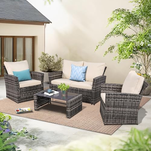 FHFO 4 Piece Patio Furniture Set, Outdoor Wicker Sectional Sofa Set