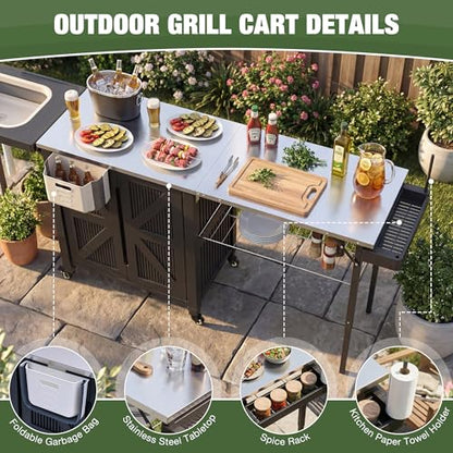 3-in-1 Outdoor Grill Cart with Sink & Faucet, Stainless Steel Top Outdoor Kitchen Island, Prep Table with Foldable Side Table, Storage Cabinet, Rolling Grill Station with Wheels for Patio, Backyard