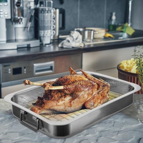 Cabilock 14-Inch Stainless Steel Roasting Pan with Rack – Deep Rectangular Baking Pan for Lasagna, Turkey & Chicken, Heavy-Duty Oven Roaster Tray, Warp-Resistant & Dishwasher Safe