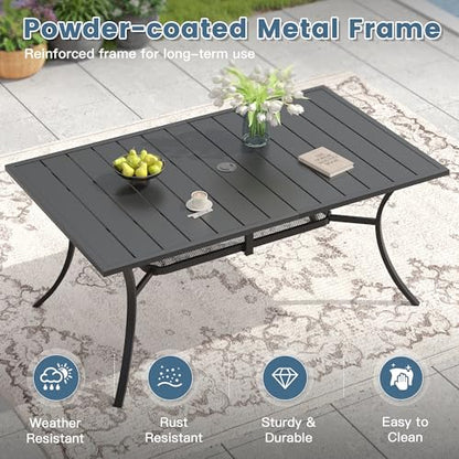 DIFY 7 Piece Outdoor Dining Set, 59.2" Black Rectangle Metal Patio Table and Brown Textilene Stackable Chairs for 6, All Weather Patio Furniture Set with Umbrella Hole for Backyard Garden Deck