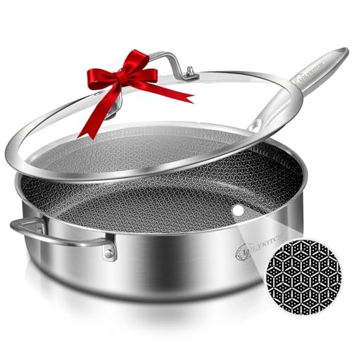 LOLYKITCH 6 QT Large Skillet with Lid, 12 Inch Nonstick Deep Frying Pan, Tri-Ply Stainless Steel Hybrid Saute Pan for Family Meals, Induction Oven Compatible Ceramic Coated, Detachable Handle