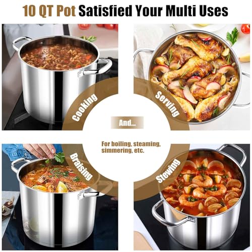 P&P CHEF 10 QT Stock Pot with Lid, Stainless Steel Large Cooking Pot, Soup Canning Stockpot for Stewing Simmering, Tri-ply Bottom for All Stoves, Heavy-Duty &Dishwasher Safe & Food-Grade
