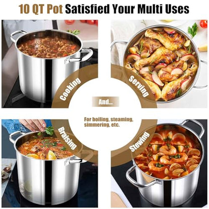 P&P CHEF 10 QT Stock Pot with Lid, Stainless Steel Large Cooking Pot, Soup Canning Stockpot for Stewing Simmering, Tri-ply Bottom for All Stoves, Heavy-Duty &Dishwasher Safe & Food-Grade