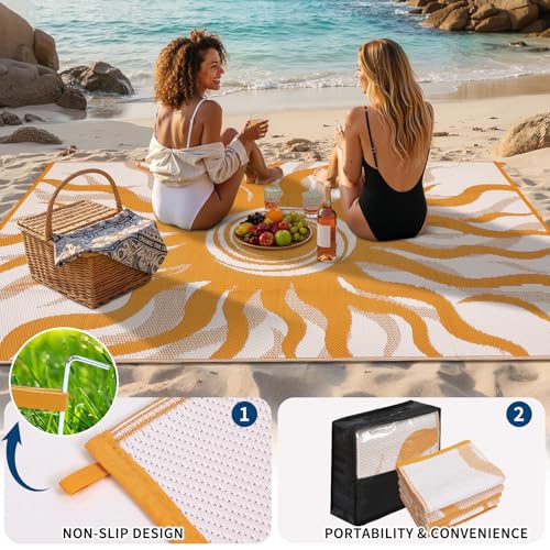 Garvee Outdoor Rug 5x8 Waterproof Patio Rugs with Boho Sun Pattern, Reversible Plastic Straw Camping Rugs Outdoor Indoor RV Mat Carpet for Deck, Backyard, Picnic, Porch, Balcony, Beach, Orange