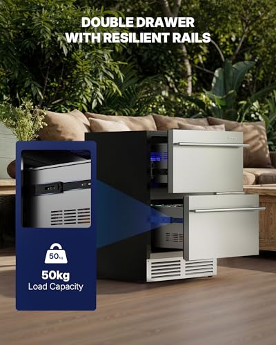 Upstreman 24 Inch Under Counter Double Drawer Refrigerator, Waterproof Stainless Steel Outdoor Refrigerator, Grid Organizers, LED Light, Built-in or Freestanding Beverage Fridge for Home/Patio -BR50D