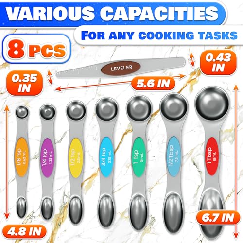 8 Pcs Magnetic Measuring Spoons Set Stainless Steel – Magnet Measuring Spoons 1/8 Tsp–1 Tbsp with Dual-Sided Design – Fits Narrow Spice Jars | Dry & Liquid Ingredients | Kitchen Ladle Gift Ideas