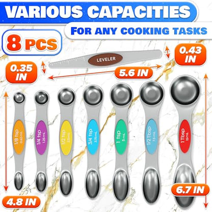 8 Pcs Magnetic Measuring Spoons Set Stainless Steel – Magnet Measuring Spoons 1/8 Tsp–1 Tbsp with Dual-Sided Design – Fits Narrow Spice Jars | Dry & Liquid Ingredients | Kitchen Ladle Gift Ideas