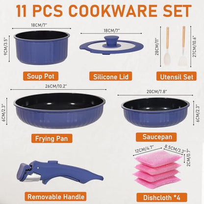 Vivicreate 11 Piece Pots and Pans Set Nonstick with Removable Handle, Induction Cookware, Stackable Kitchen Set for RV Camping Apartment, Frying Pan and Saucepan (Blue)