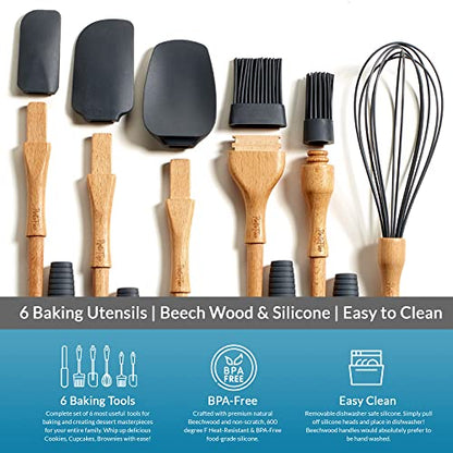 PortoFino Baking Utensils Set 6 Pieces, Baking Essentials, Set of 3 Spatulas, 2 Pastry Brushes, 1 Whisk, Baking Tools, Spatulas Silicone Heat Resistant, Silicone Cooking Utensils, Kitchen Gifts, Grey