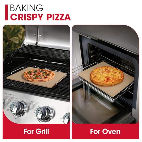 Unicook Pizza Stone for Oven and Grill, 15 x 12 Inch Rectangular Baking Stone for Bread, Cordierite Pizza Pan for Baking Crispy Bread, Pie and Cookies, Includes Carry Rack and Dough Scraper