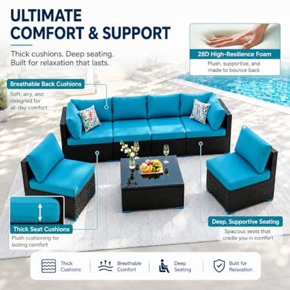 7 Piece Outdoor Sectional Patio Furniture Set with Coffee Table, Blue