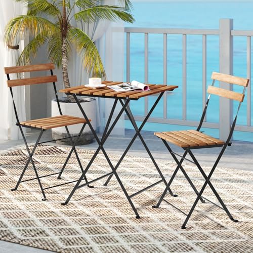 GIANTEX 3-Piece Acacia Wood Bistro Set, Patio Bistro Table with 2 Folding Chairs, Slatted Seat & Tabletop, Metal Frame, Outdoor Furniture Set for Backyard, Porch, Garden, Poolside (Black + Brown)