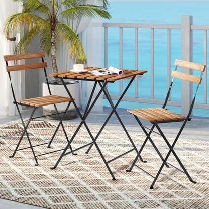 GIANTEX 3-Piece Acacia Wood Bistro Set, Patio Bistro Table with 2 Folding Chairs, Slatted Seat & Tabletop, Metal Frame, Outdoor Furniture Set for Backyard, Porch, Garden, Poolside (Black + Brown)