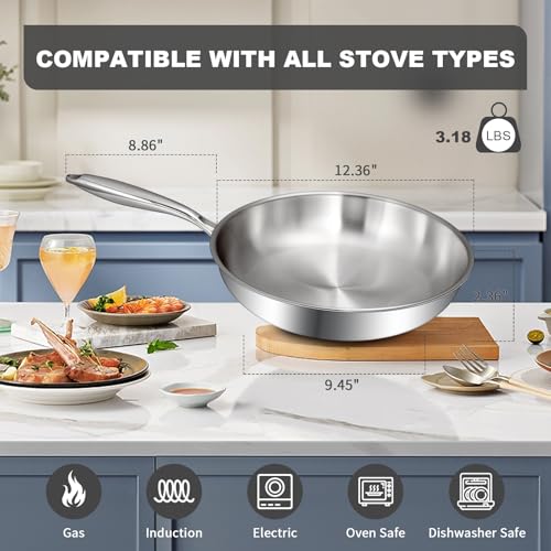 EWFEN 12 Inch Tri-Ply Stainless Steel Frying Pan, Compatible with All Cooktops Up to 600℉, Large Frying Pan Induction-Ready Skillet, Dishwasher and Oven Safe, Even Heat, 12" Skillet