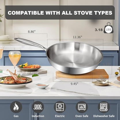 EWFEN 12 Inch Tri-Ply Stainless Steel Frying Pan, Compatible with All Cooktops Up to 600℉, Large Frying Pan Induction-Ready Skillet, Dishwasher and Oven Safe, Even Heat, 12" Skillet