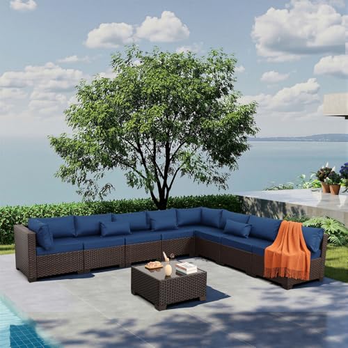 Rattaner 9 Pieces Outdoor Sectional All-Weather HDPE Brown Wicker Patio Furniture Set Patio Sectional and Glass Patio Table Non-Slip Cushions and Waterproof Covers, Navy Blue
