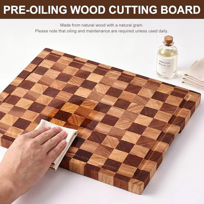 BIEOFFEI Checkered Cutting Board with Stand, Dual-Sided Wood Cutting Board with Juice Groove, 16.5x11.6 Inch Butcher Block Serving Tray, Chopping Board for Kitchen Gifts