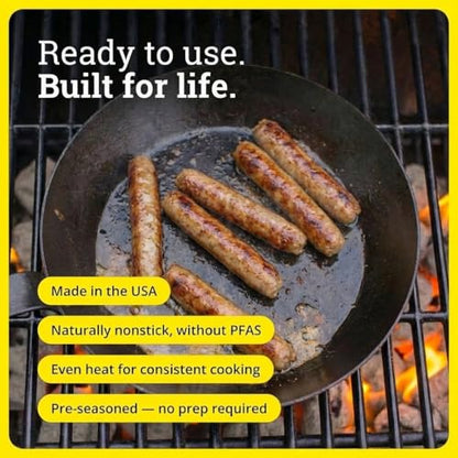 Lodge 10 Inch Carbon Steel Skillet - PFAS-Free Pre-Seasoned Carbon Steel Frying Pan for High-Heat Searing - Long Handle Design for Omelets, Grilling, and Campfire Cooking - Made in the USA