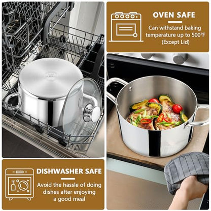 P&P CHEF 8 Quart Tri-Ply Stainless Steel Stock Pot, 8 Qt Stockpot Pasta Cooking Pot with Visible Lid for Soup Vegetable, Induction Cookware for All Stoves, Sturdy & Double Handle, Dishwasher Safe
