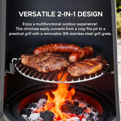 SUNJOY 2-in-1 Chiminea Fire Pit & Grill, 57" Tall Outdoor Fireplace with Removable Stainless Steel Grill Grate, Spark Screen & PVC Cover for Patio, Backyard, Cooking - Black