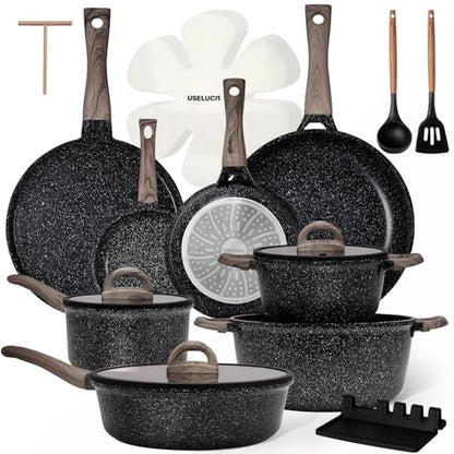 USELUCK Pots and Pans Set Nonstick 22 Pcs, Ceramic cookware set Non-Toxic Coating Inky Granite Kitchen Cookware Set, Induction Kitchen Cooking Set w/Frying Pans & Glass Lids, PFOS & PFOA Free