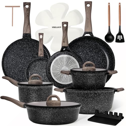 USELUCK Pots and Pans Set Nonstick 22 Pcs, Ceramic cookware set Non-Toxic Coating Inky Granite Kitchen Cookware Set, Induction Kitchen Cooking Set w/Frying Pans & Glass Lids, PFOS & PFOA Free