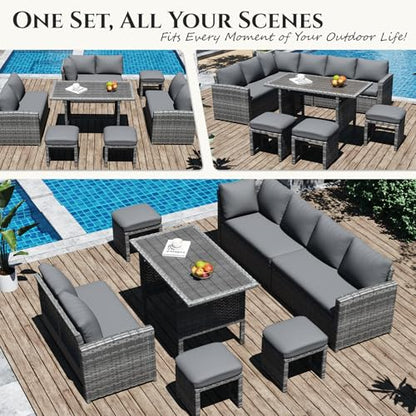 U-MAX 7 Pieces Patio Furniture Set with Waterproof Cover, Outdoor Sectional Sofa Conversation Set, All Weather Wicker Rattan Dining Table & Chair with Ottoman, Grey Rattan&Grey Cushion