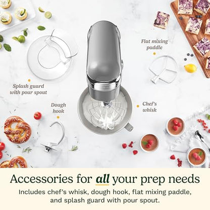 Cuisinart Stand Mixer, 12 Speeds, 5.5-Quart Mixing Bowl, Chef's Whisk, Flat Mixing Paddle, Dough Hook, and Splash Guard with Pour Spout, Silver Lining, SM-50BCNAS, Silver Lining