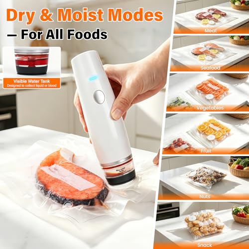-80kPa Compact Vacuum Sealer for Food (Vacuum Sealer Machine + 30 Reusable Bags), 1200mAh Rechargeable Handheld Vacuum Sealer Machine Portable Mini Food Sealer for Sous Vide & Meal Prep-cold white