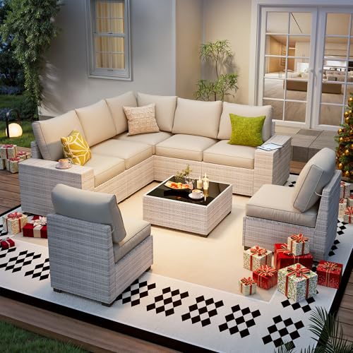 olimix 8 Piece Outdoor Patio Furniture Set, Outdoor Sectional Furniture, Rattan & Wicker Modern Modular Conversation Set Sofa Couch W/Water Resistant Washable Thick Cushions and Coffee Table, Beige