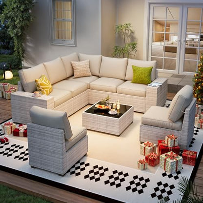 olimix 8 Piece Outdoor Patio Furniture Set, Outdoor Sectional Furniture, Rattan & Wicker Modern Modular Conversation Set Sofa Couch W/Water Resistant Washable Thick Cushions and Coffee Table, Beige