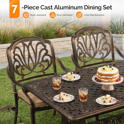 VINGLI 7 Pieces Outdoor Dining Set, Cast Aluminium All-Weather Patio Dining Set for 6 with Umbrella Hole, Outdoor Dining Table and Chairs with Cushion for Yard, Garden, Porch and Poolside, Bronze