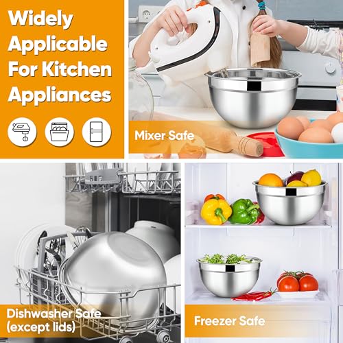 TeamFar Mixing Bowl Set of 5, 4.5/3/1.5/1/0.7 QT, Stainless Steel Metal Nesting Salad Bowl with Lid Set, Ideal for Mixing Serving, Non-Toxic & Sturdy, Airtight Lid & Easy Clean, Black