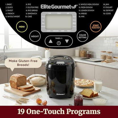 Elite Gourmet Programmable Bread Maker, 2 lb Loaf, 3 Sizes, 19 Presets incl. Gluten-Free, Dough & Jam, Delay Timer, Black