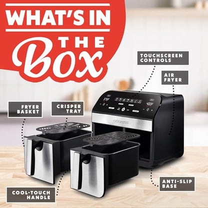 Gourmia Dual Basket Air Fryer - 10 Qt Large Capacity, FryForce360º, Digital Display with 7 Presets, Roast, Bake, Broil, Dehydrate, Match Cook, Sync Finish, Dishwasher Safe Accessories, Black