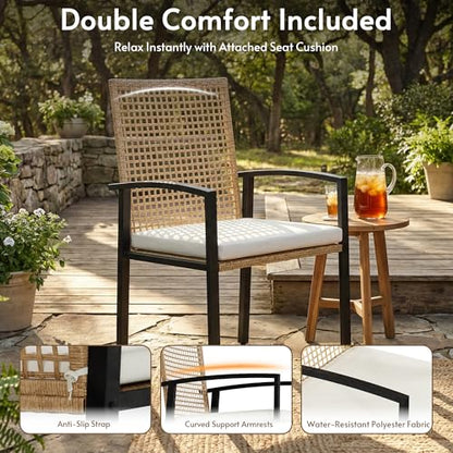Rotihom 7-Piece Outdoor Dining Set for 6, Patio Dining Set with Hand-Woven Wicker Chairs & Cushions, 60" x 33" x 30" Wider Aluminum Woodgrain Table for Deck, Garden, Backyard